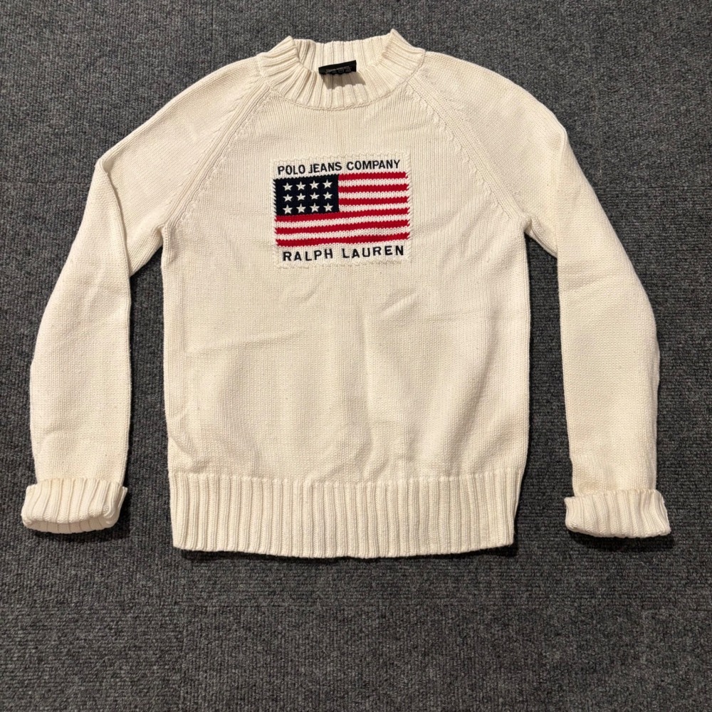 Polo Jeans Co Ralph Lauren American Flag Knit Sweater Cream Womens Small